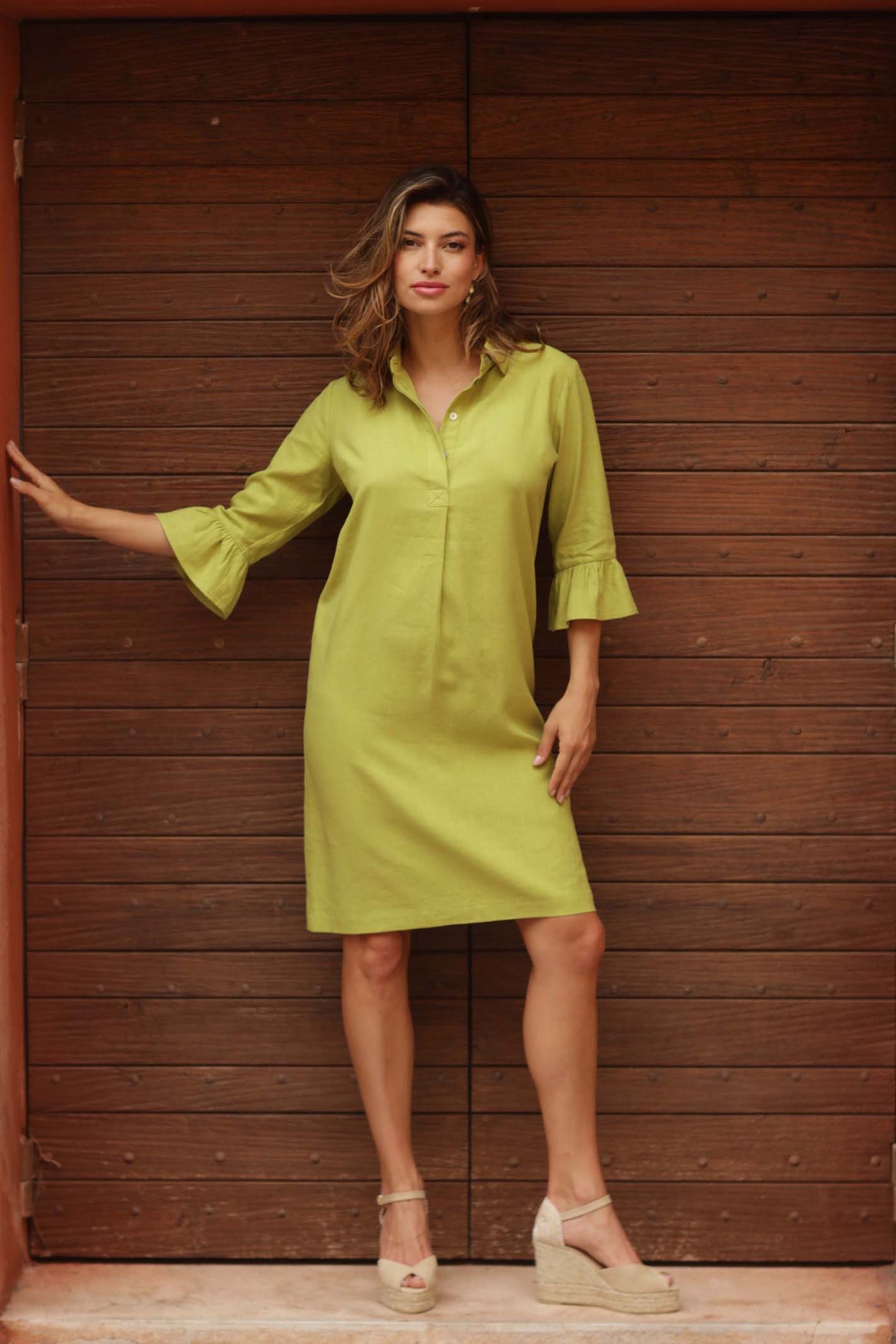 pomodoroclothinglinendresswithfrillsleeve22506lime