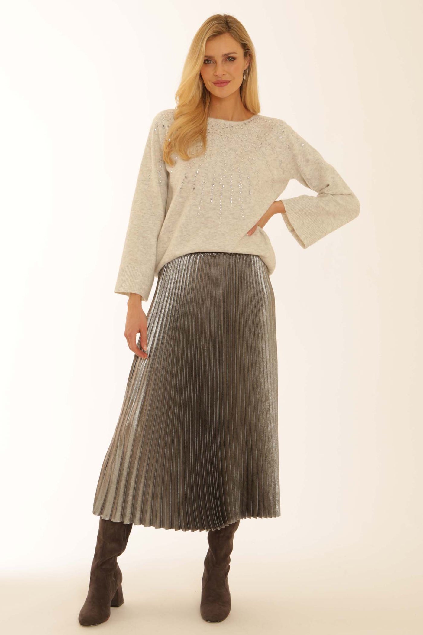 pomodoroclothingmetallicpleatedskirt52552silver