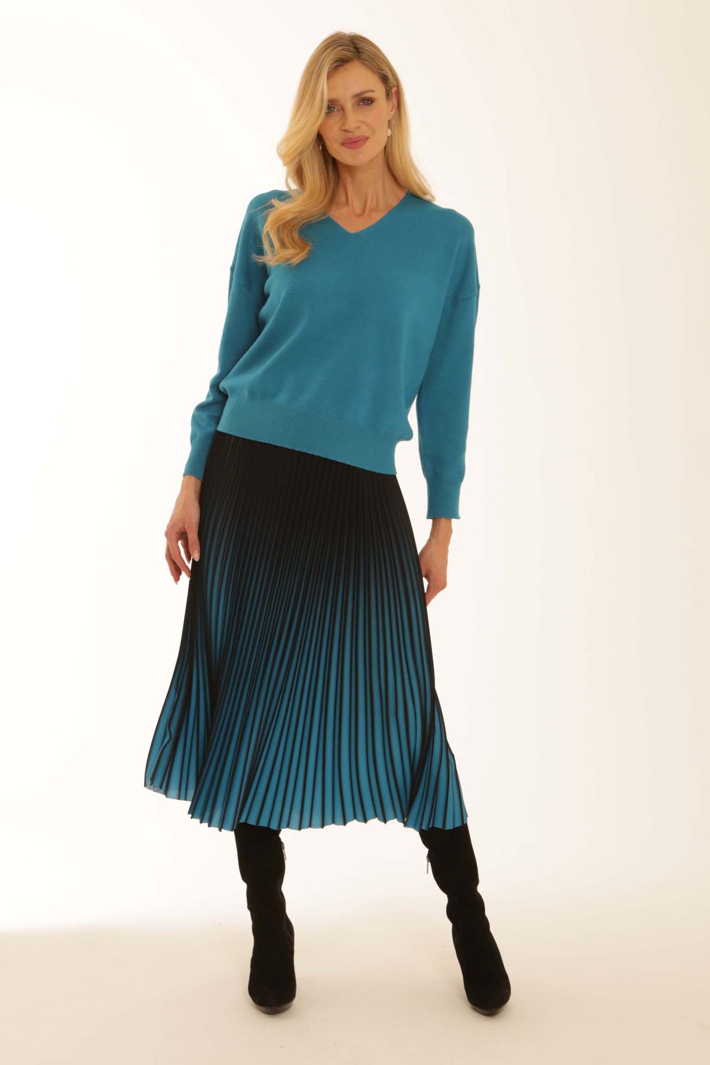 pomodoroclothingombrepleatedskirt52551turquoise