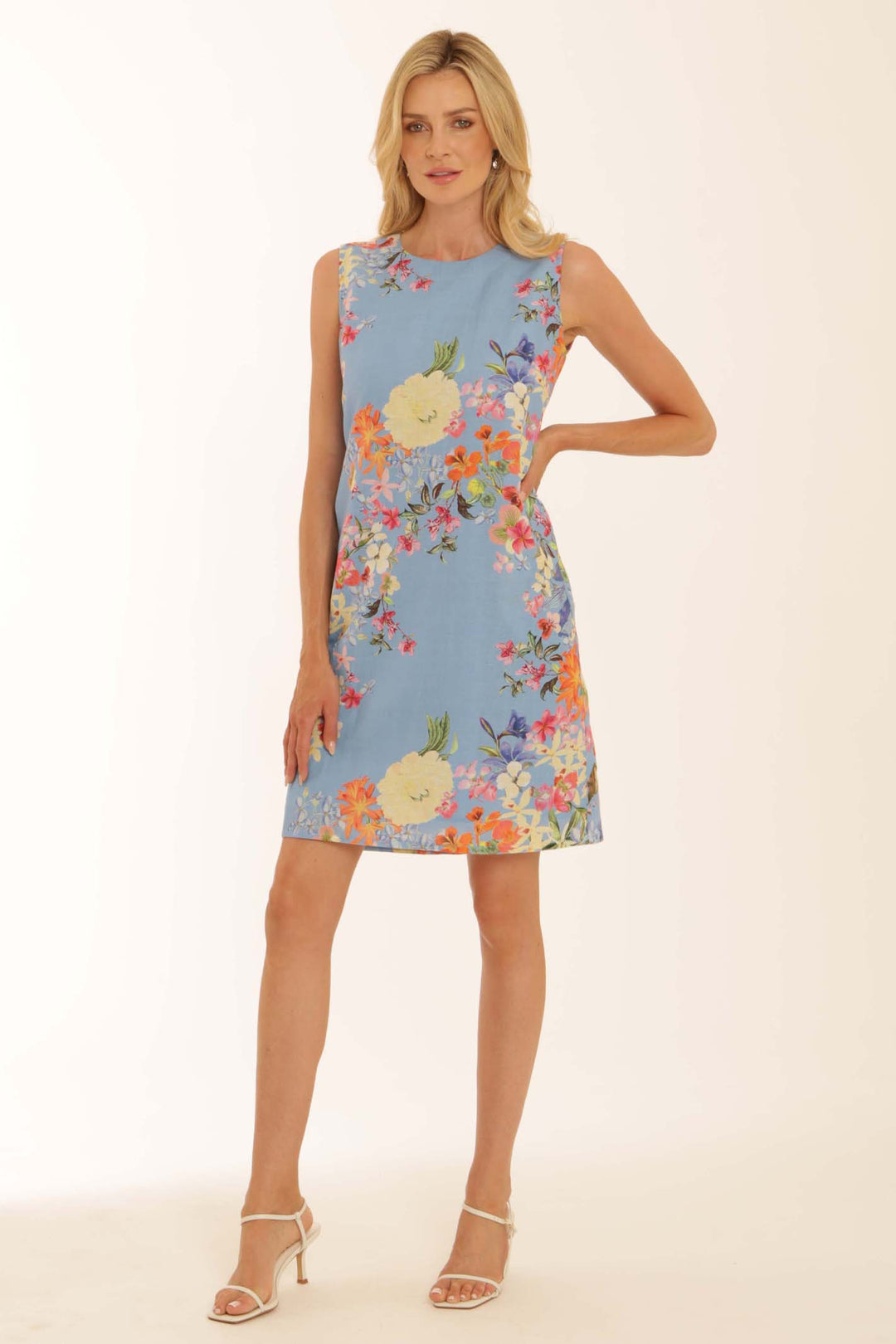 chinese dress ladies Pomodoro Pacific Blue 100% Pure Linen Cap Sleeve Classic Loose Dress main image 1
